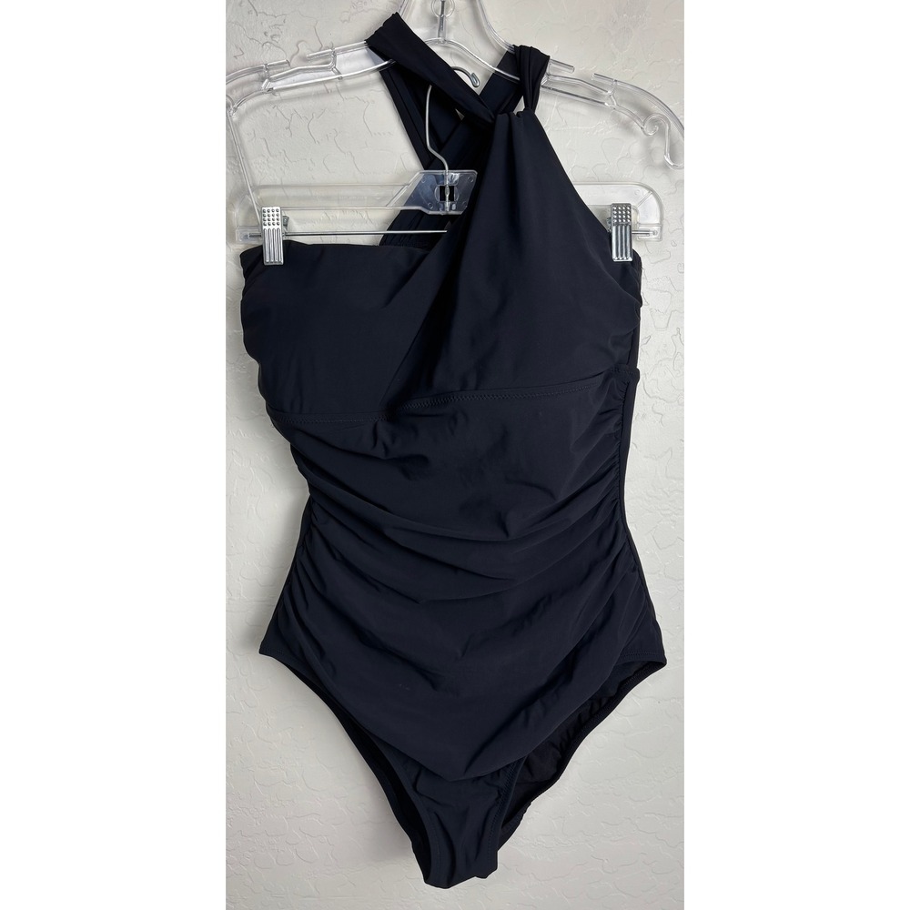 Lands End Womens Black Slender Suit Ruched Cross Neck 1pc Swimsuit Sz 12 2425